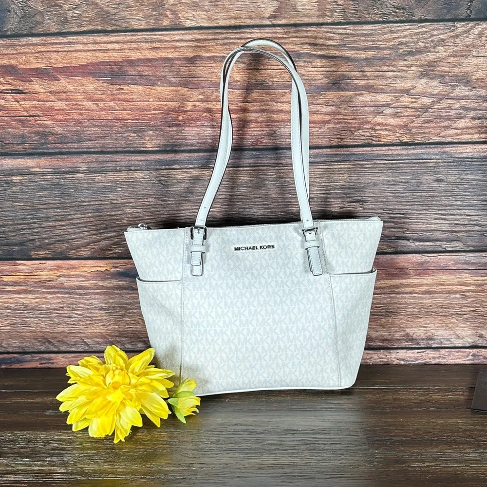 Michael Kors Charlotte Leather Logo Top-Zip Tote Bag in Optic White!